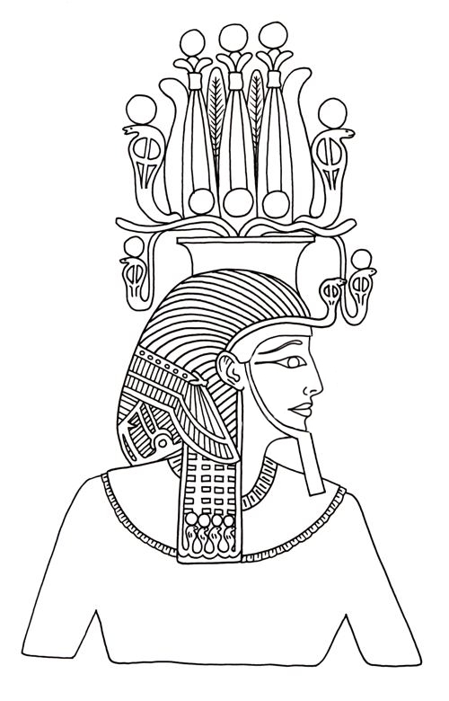 8a - Hemhem : La triple couronne Atef; coiffe composite trs sophistique. La base est forme par deux cornes torsades de bliers. Aux deux extrmits prennent place des uraei. Au centre, trois, voire plus, formes oblongues se terminant vraisemblablement en tiges papyriformes supportent des disques solaires.